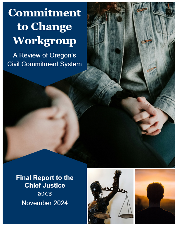 Cover of Commitment to Change Workgroup Final Report, with images related to mental health and the justice system